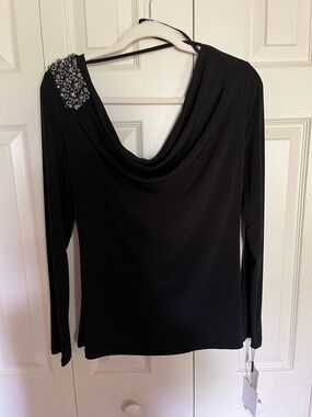 Calvin Klein Black Long-Sleeve Cowl Neck Top with Beaded Shoulder size medium
